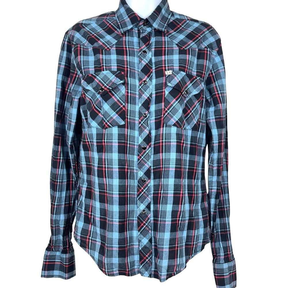 Salt Valley Western Pearl Snap Shirt Womens XS Blue 100% Cotton Cowgirl Grunge